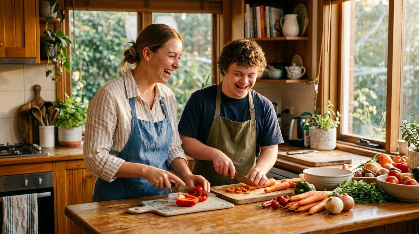 A support worker and a young man cooking together in a warm home kitchen