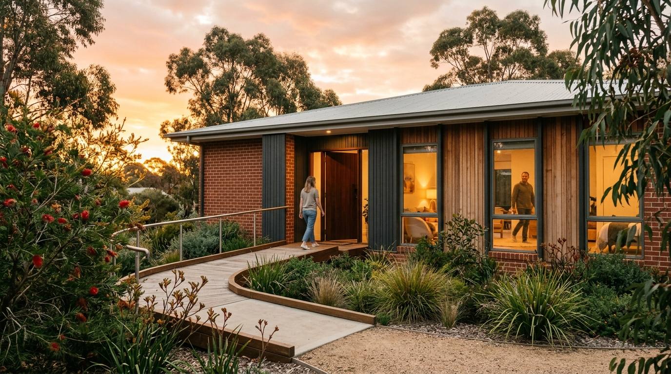 A welcoming AllCare SIL home at sunset with a wheelchair ramp through a native garden
