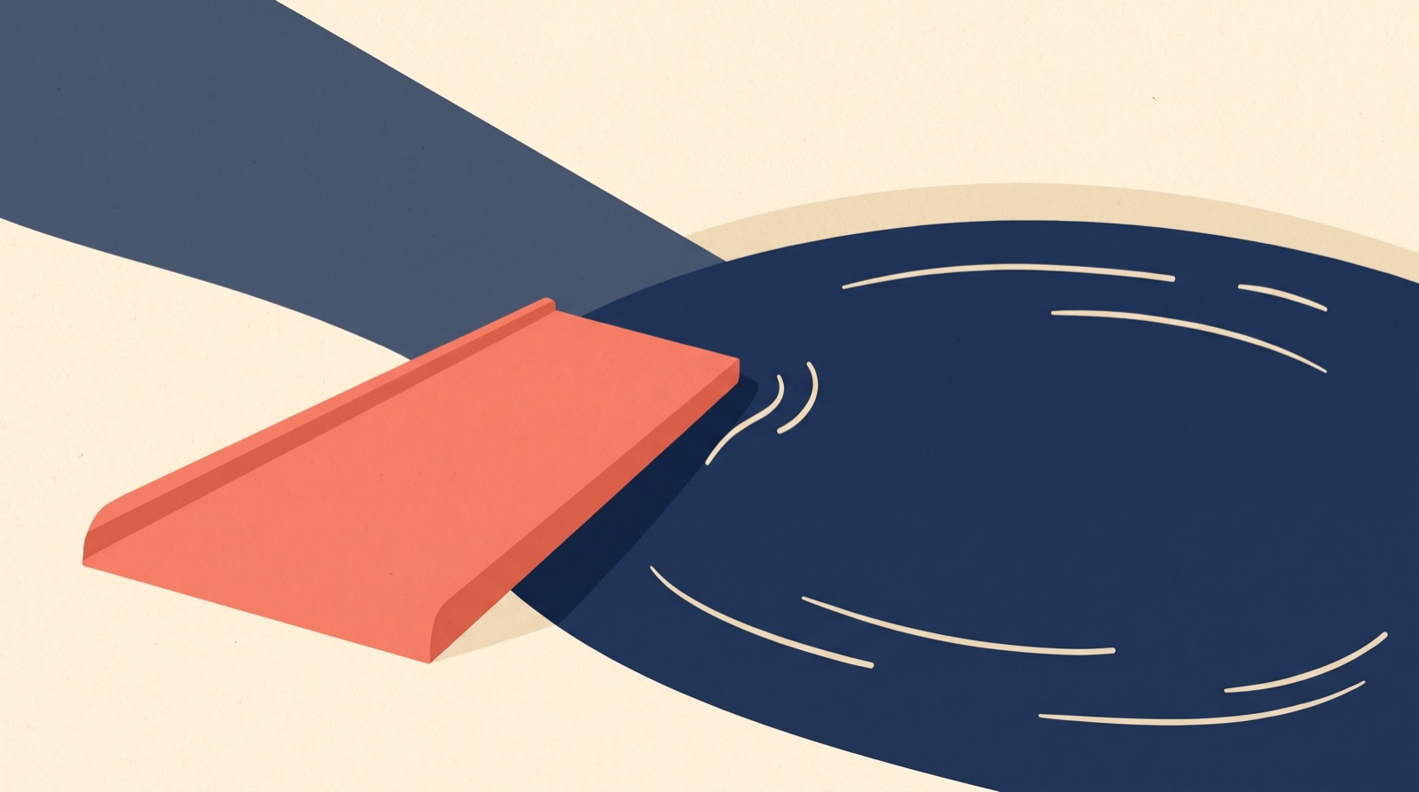 Flat illustration of a broad coral ramp sloping down into a still navy pool of water marked with pale ripple lines.