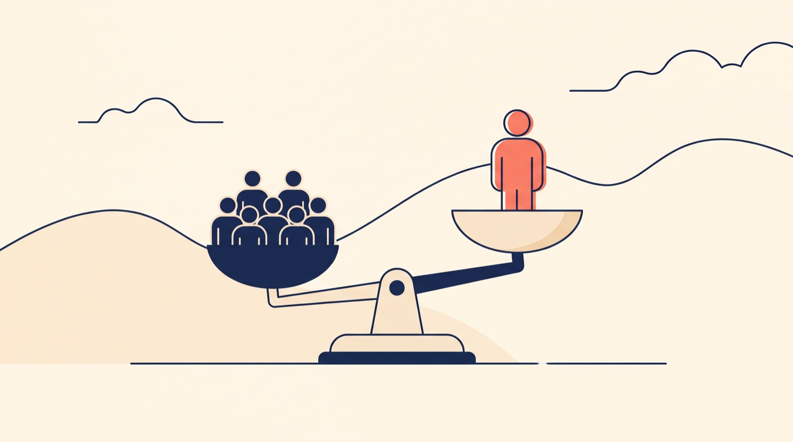 Flat illustration of a balance scale holding a cluster of navy figures in one pan and a single coral figure in the other.