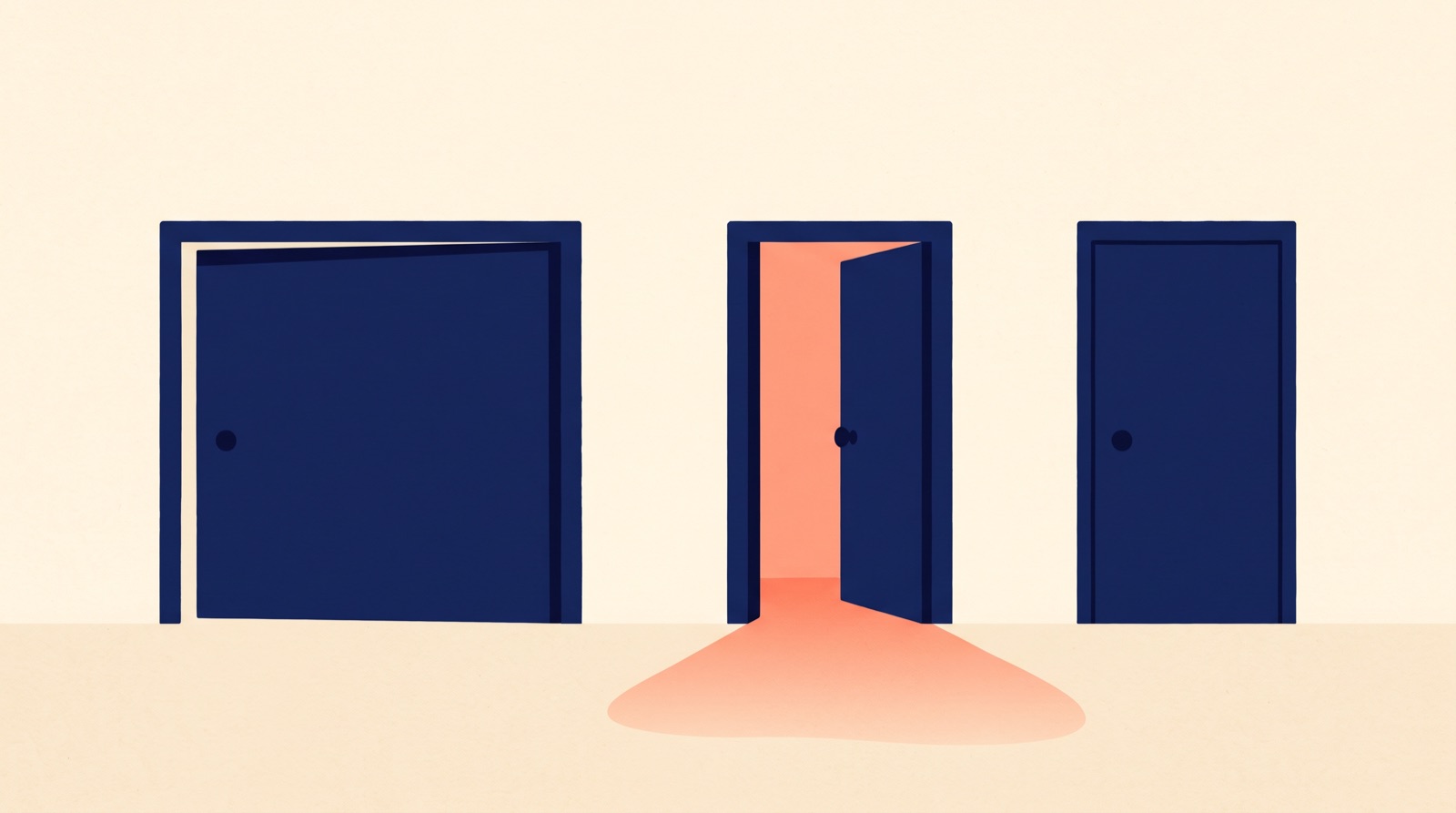 Flat illustration of three navy doors of different widths standing side by side, the middle one slightly ajar with coral light behind it