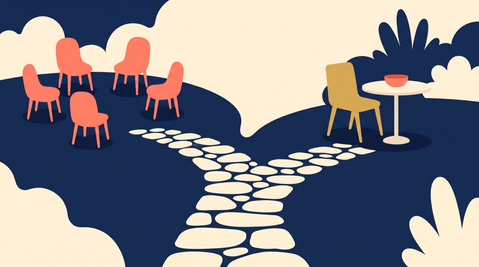 Flat illustration of a garden path forking in two, one branch to a circle of chairs, the other to a single chair at a table.