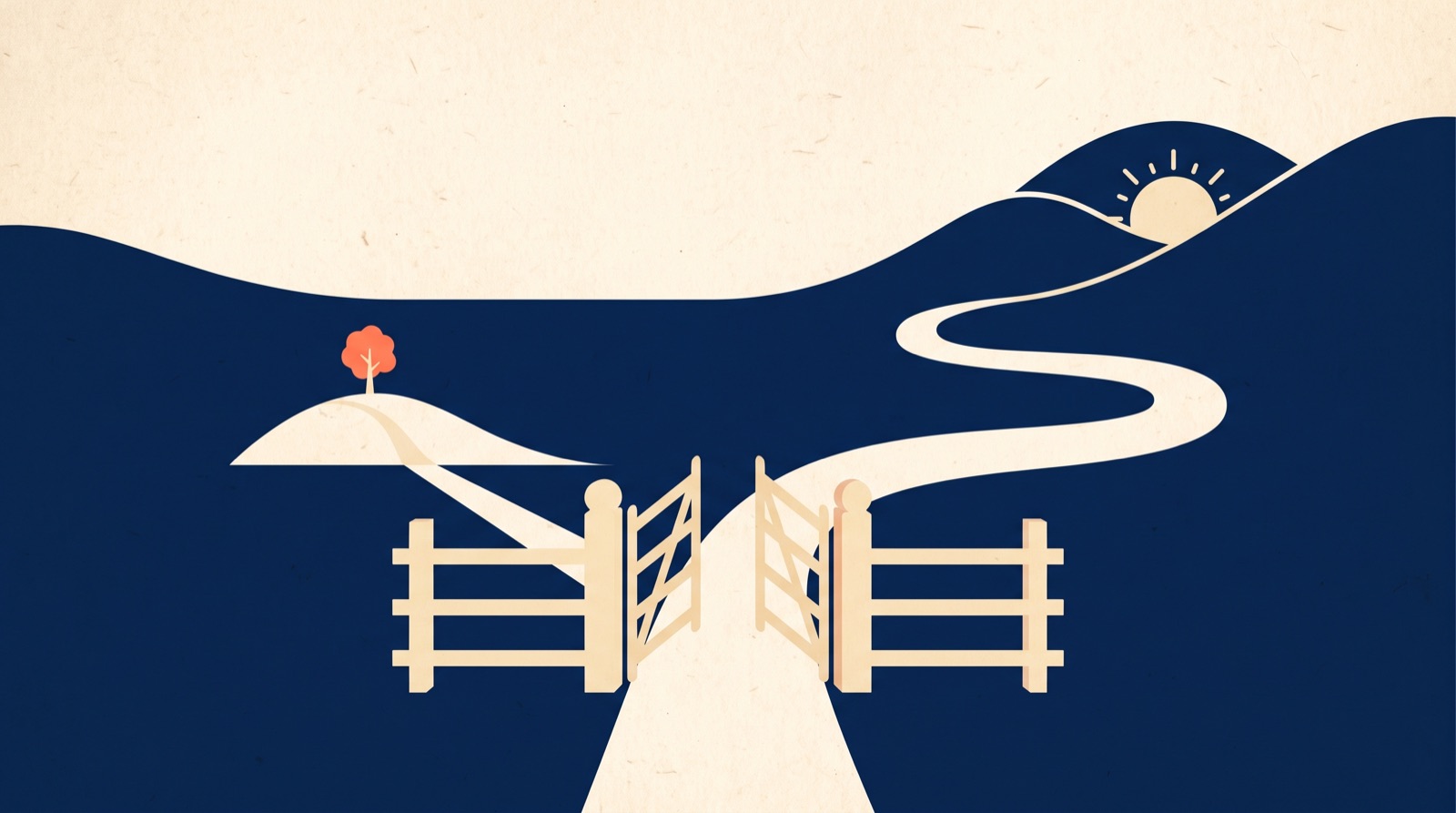 Flat illustration of an open timber gate with the path beyond splitting into two routes across navy hills towards a rising sun.