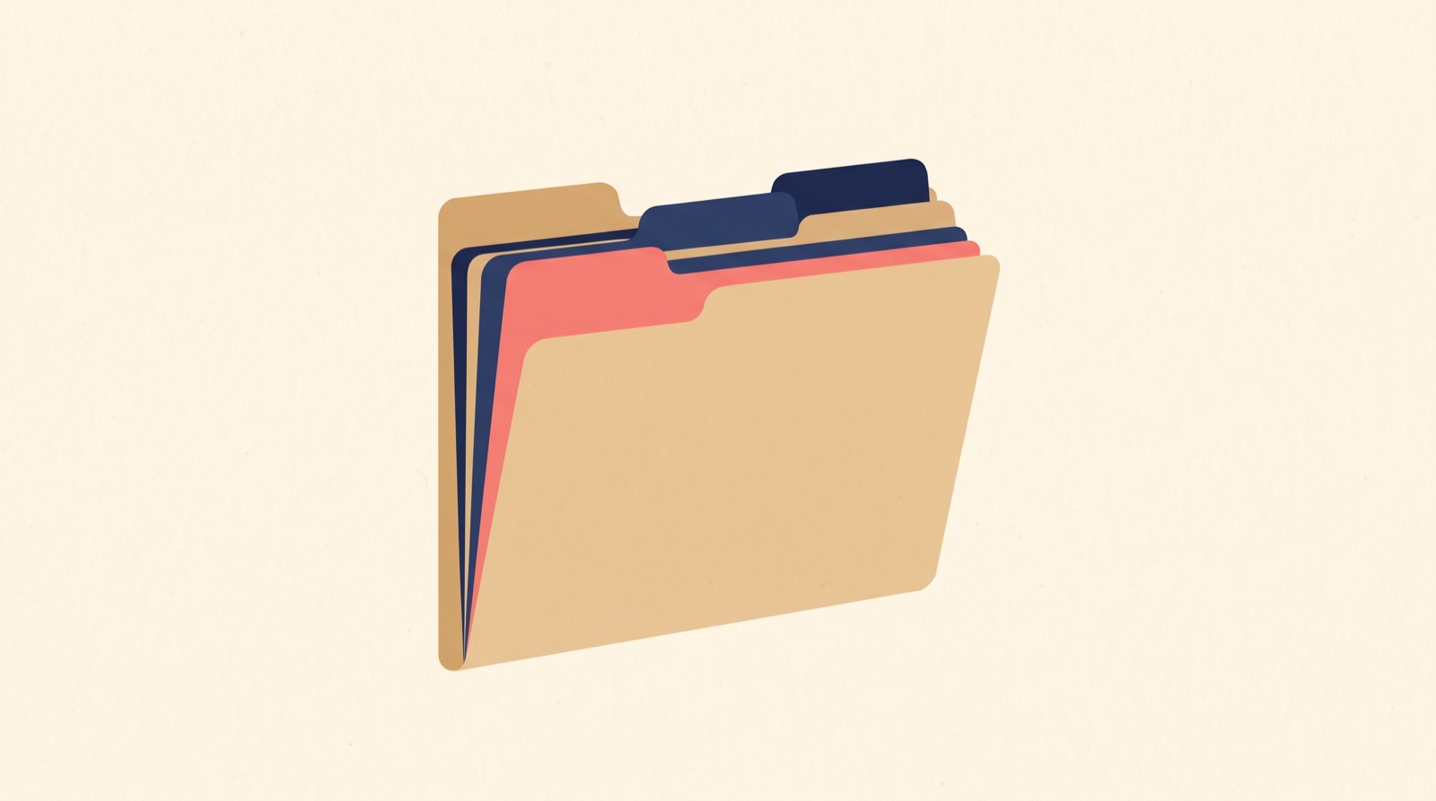 Flat illustration of a folder with several tabbed dividers standing upright, one tab picked out in coral.