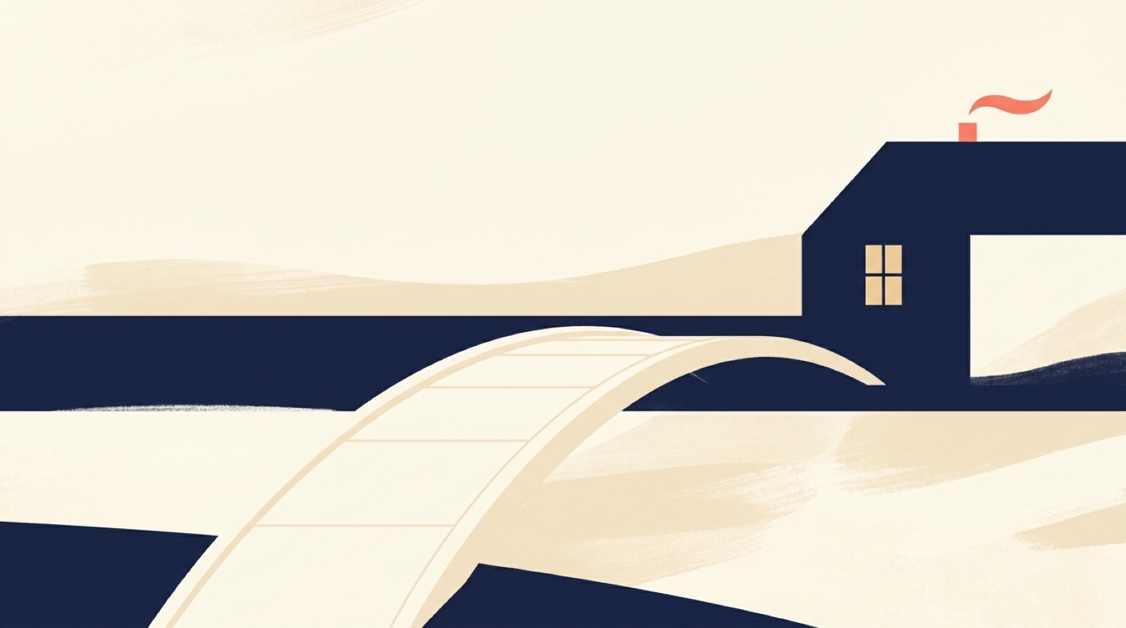 Flat illustration of a gentle bridge arching across from one side to a navy house with a warm light in its window
