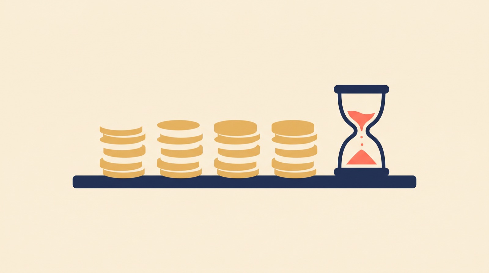 Flat illustration of four stacked coin piles on a shelf with an hourglass standing where a fifth pile would be.