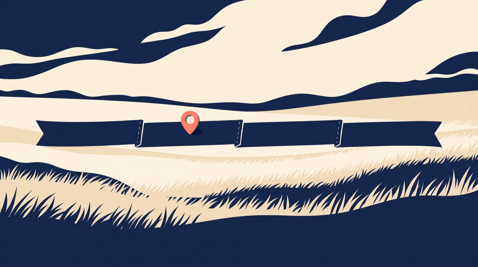 Flat navy and cream illustration of a long ribbon divided into equal segments across a grassy field, with a small coral marker on it.