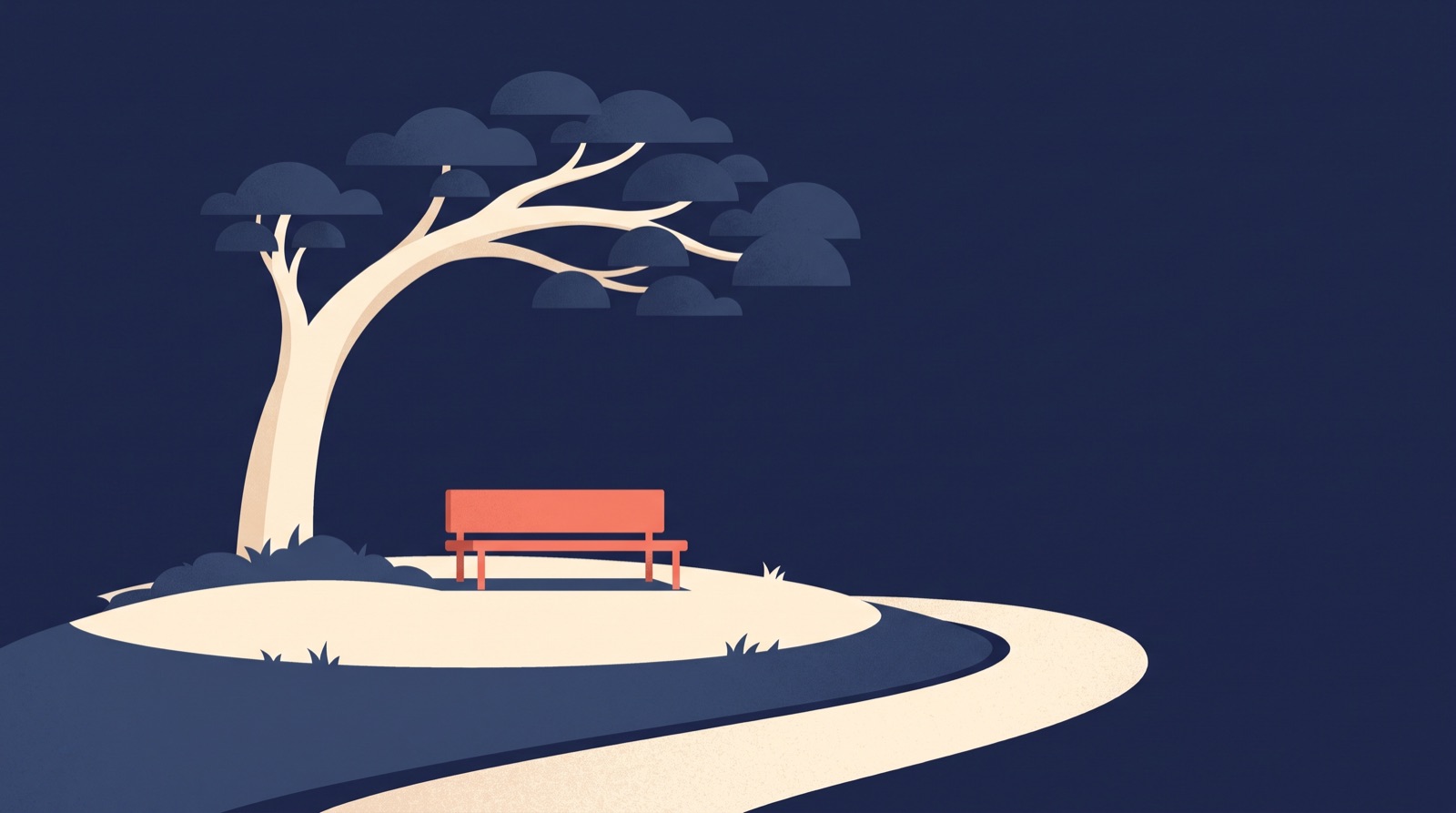 Flat illustration of a park bench beneath a stylised gum tree, a pale path curving past it on a deep navy background.