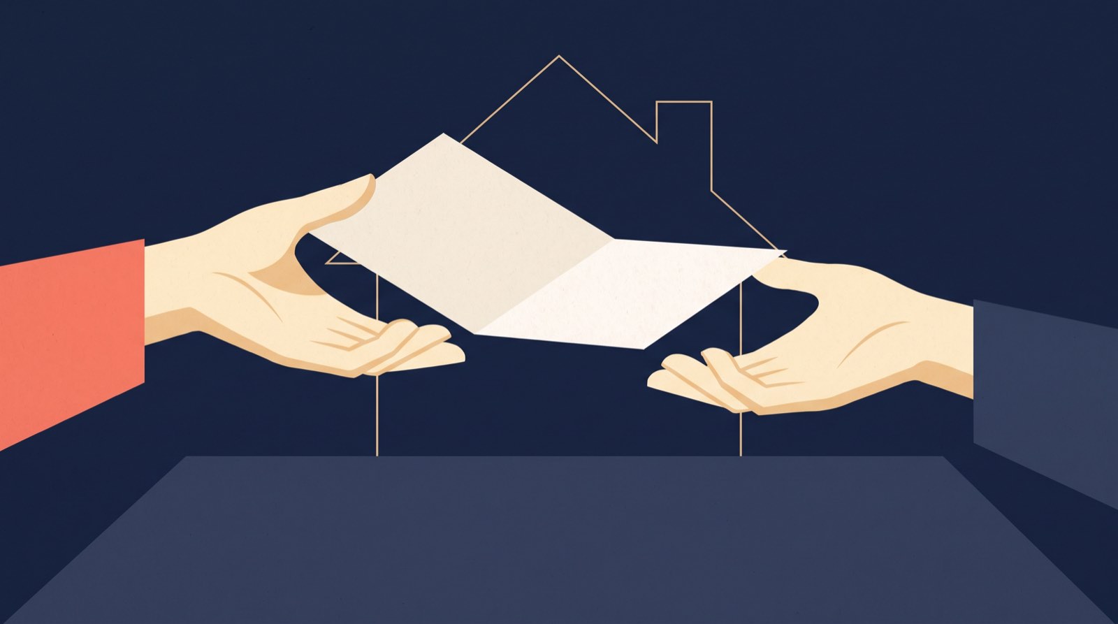Flat illustration of a single sheet of paper passing between two open hands above a plain table, with a house shape faint in the background.