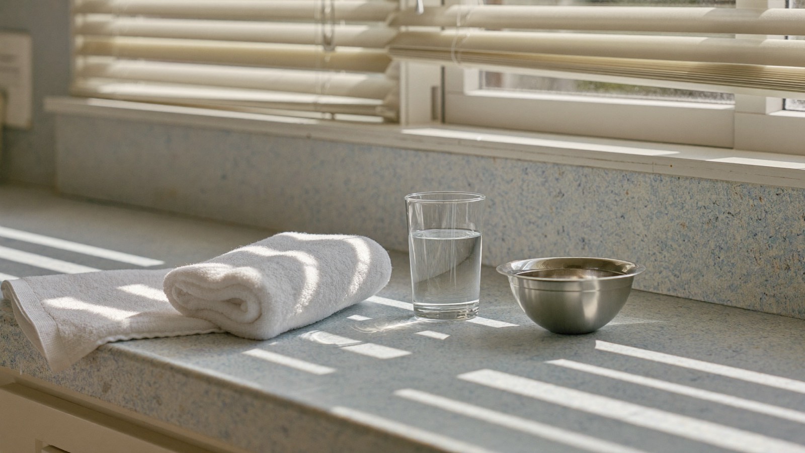 A rolled white hand towel, a glass of water and a small steel bowl on a speckled kitchen benchtop, sunlight through venetian blinds.