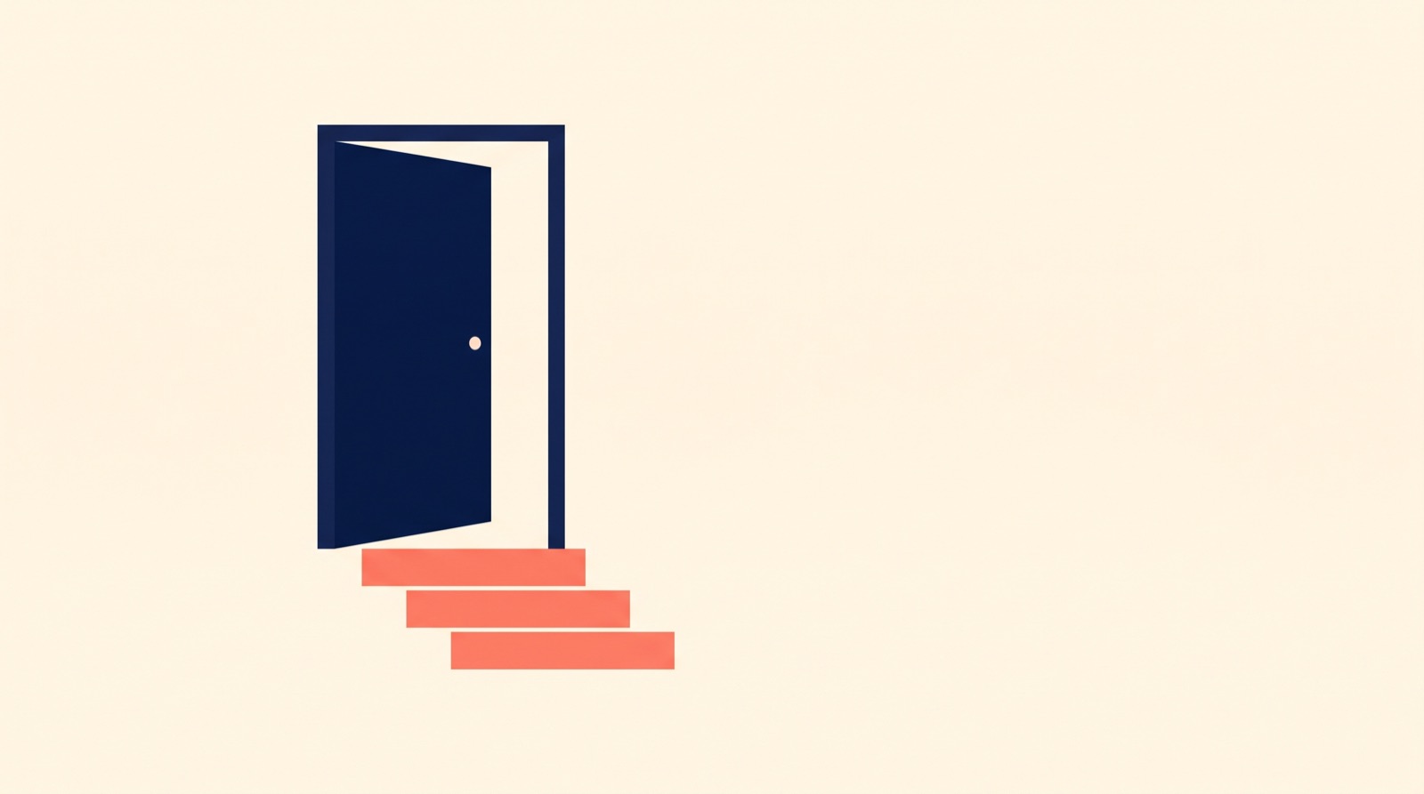 Flat illustration of a navy door standing open above three coral steps on a cream background.