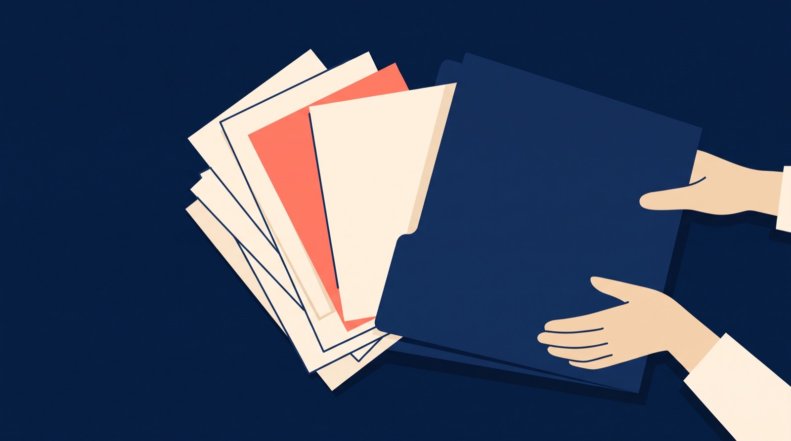 Flat navy and cream illustration of loose pages being tidied into one folder by two hands, with a single coral page standing out.