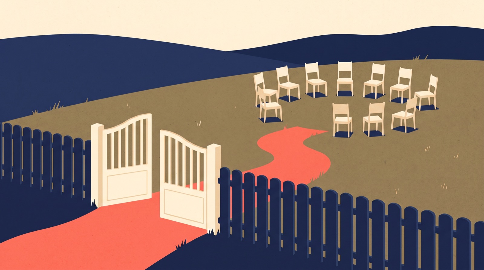 Flat illustration of an open cream gate in a navy picket fence, a coral path leading to a circle of empty cream chairs.