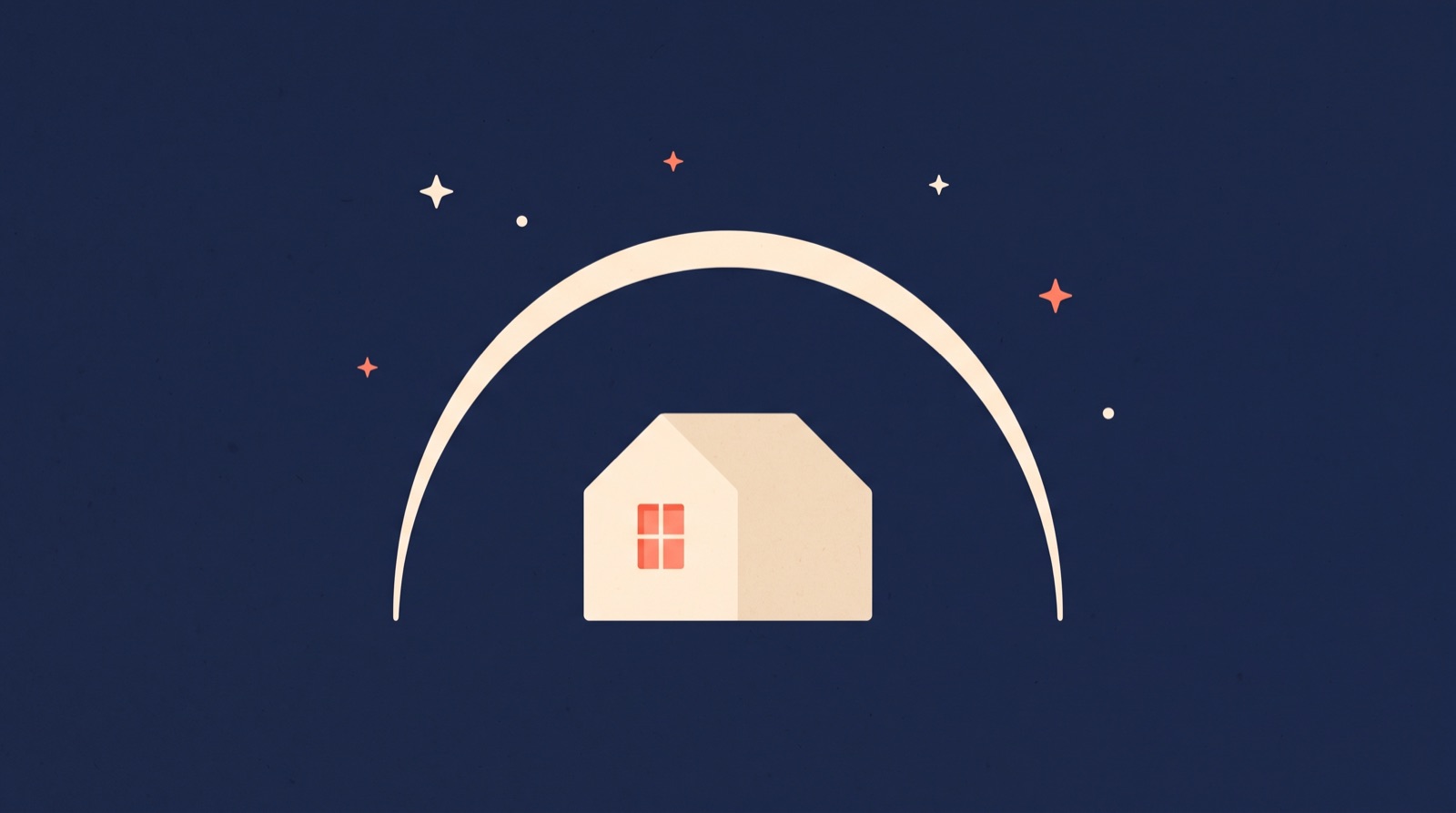 Flat illustration of a small house at night with one window lit warmly, sheltered under a soft arc with a few stars around it.