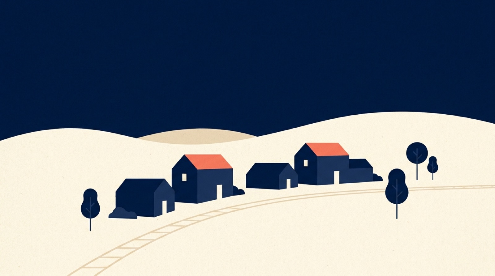 Flat illustration of a cluster of small navy houses on cream rolling hills, two with coral roofs, a railway line curving below them