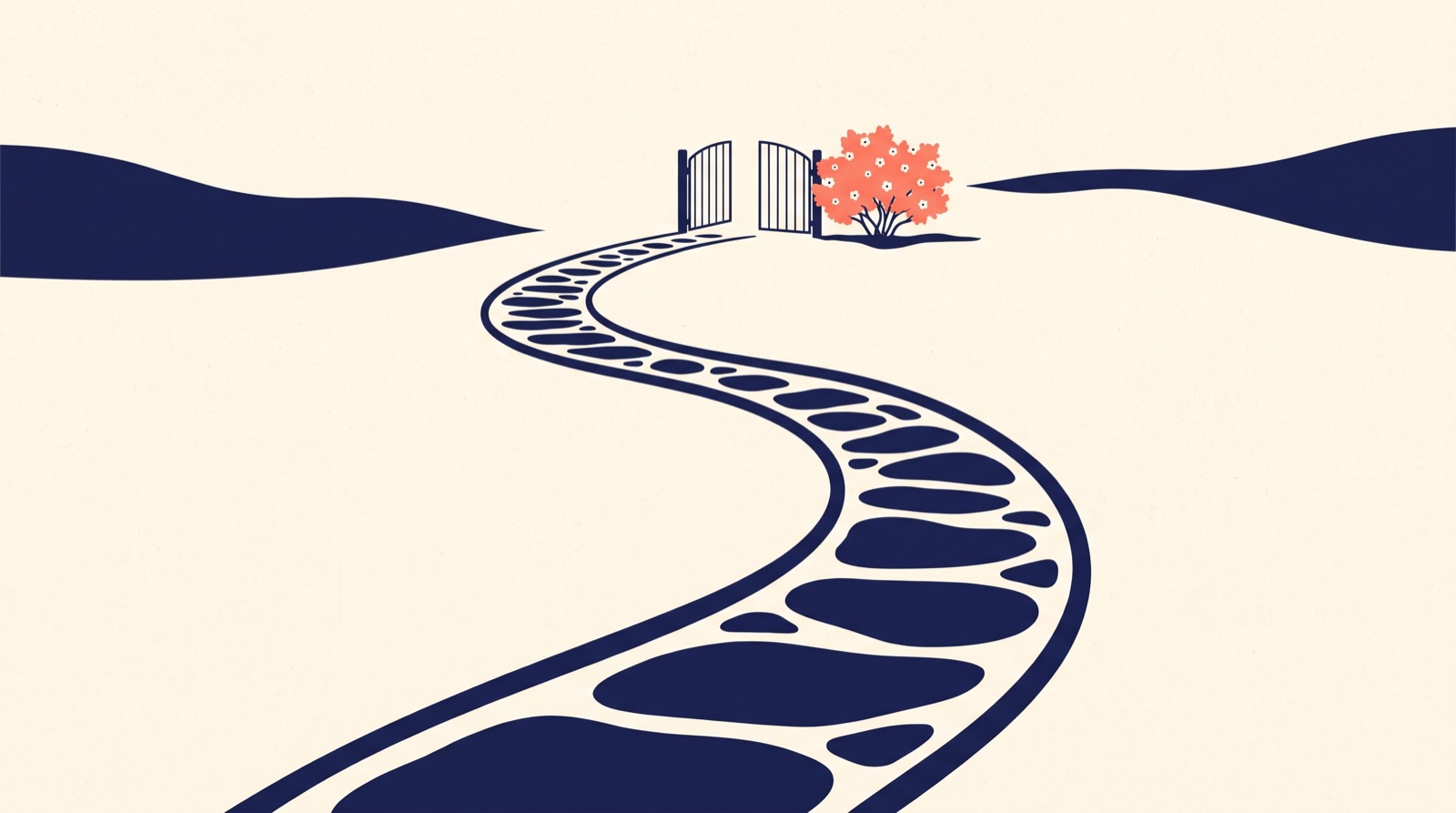 Flat illustration of a long winding stone path leading uphill to a simple open gate beside a coral flowering shrub.