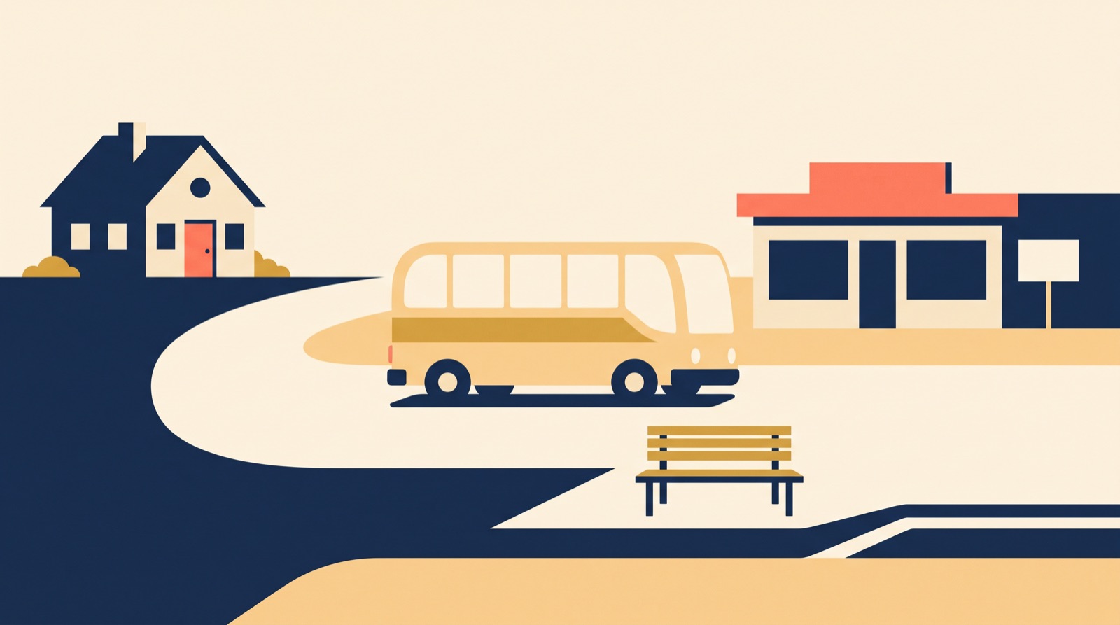 Flat illustration of a road curving from a house to a small clinic building, with a bus on the road and a bench by the kerb.