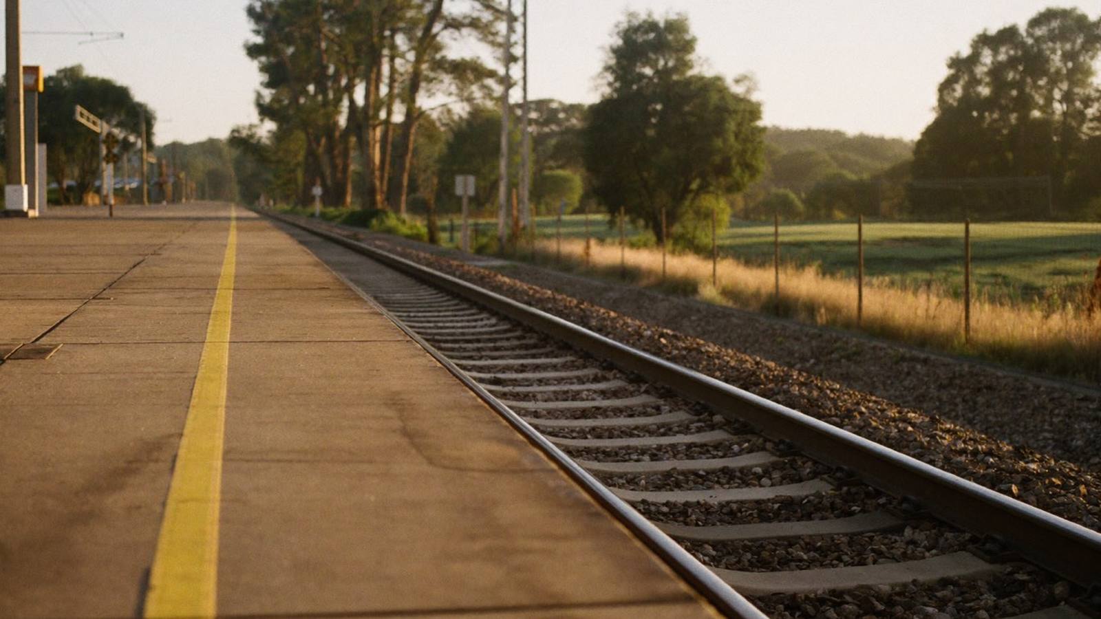 The edge of an empty country railway platform at sunrise, with the yellow safety line, rails alongside and gum trees beyond.