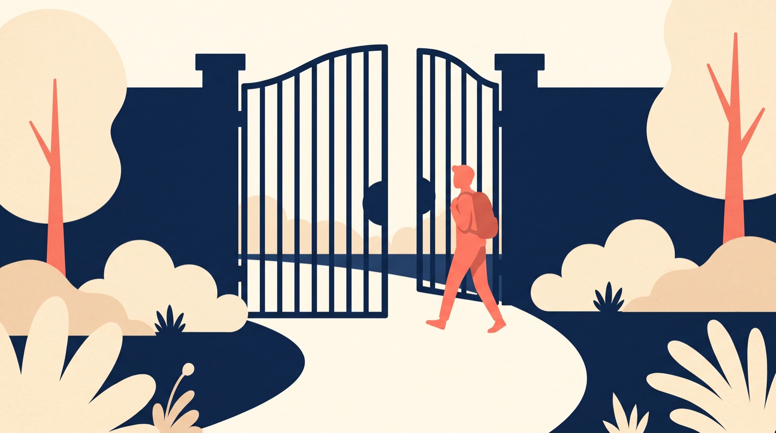 Flat illustration of tall navy gates half open in a navy wall, a coral figure with a backpack walking out along a cream path.