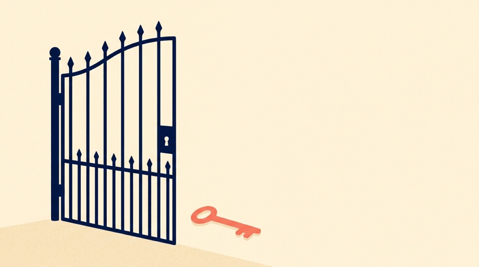 Flat illustration of a large navy gate standing half open on a cream background, with a single coral key resting on the ground beside it