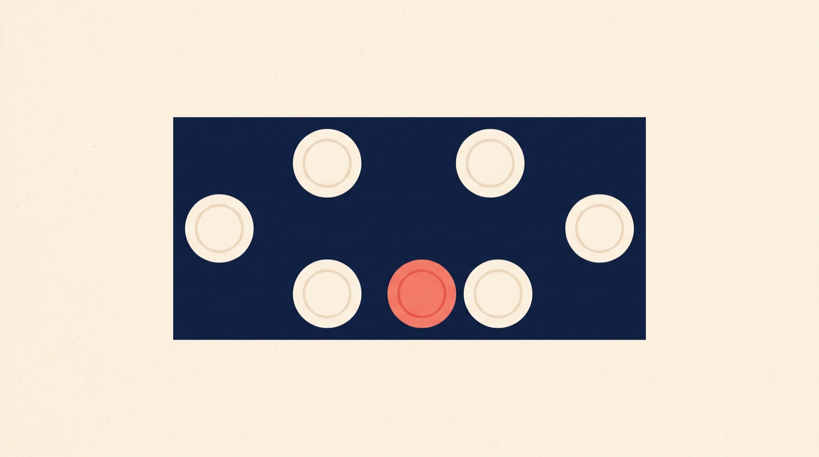 Flat illustration of a long deep navy table seen from above set with six cream plates and one coral plate