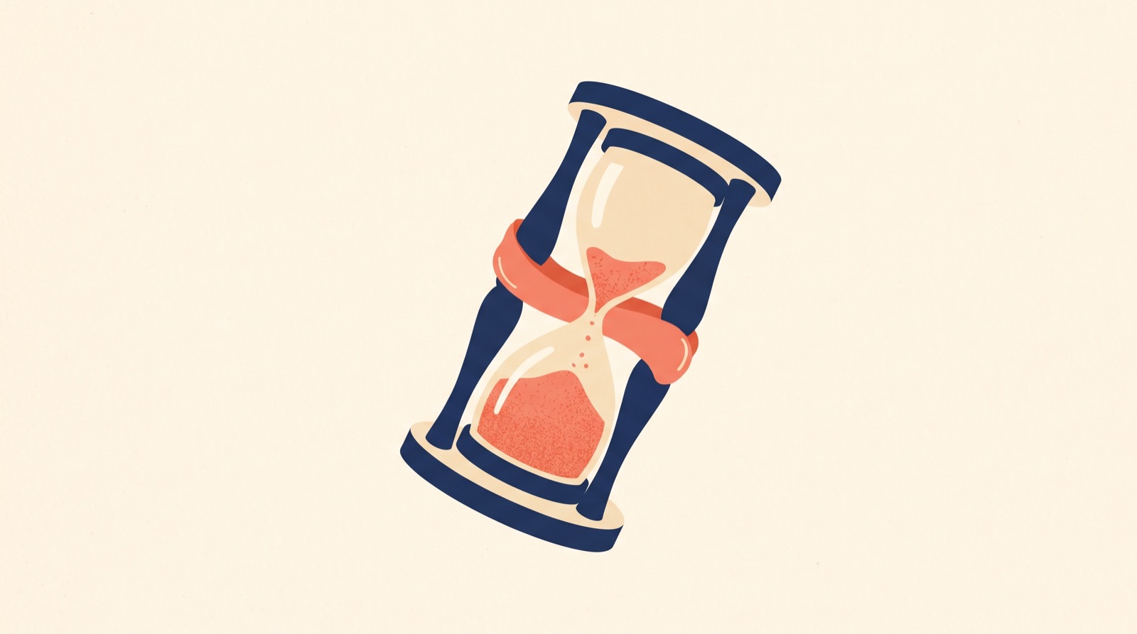 Flat illustration of a tilted hourglass, the upper chamber nearly empty and coral sand collected in the lower chamber.