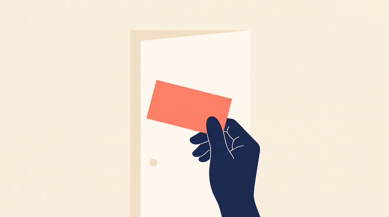 Flat illustration of a navy hand holding a plain coral ticket with nothing printed on it, in front of a cream doorway standing ajar.