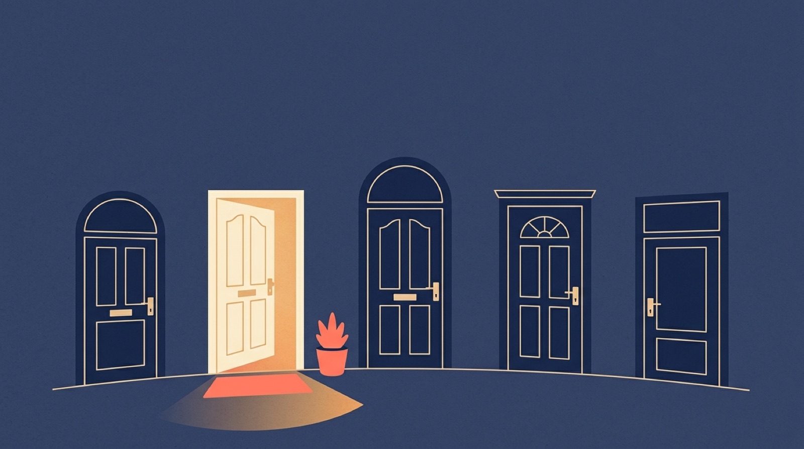 Flat illustration of five different front doors in a row on a cream background, one door open with warm coral light behind it