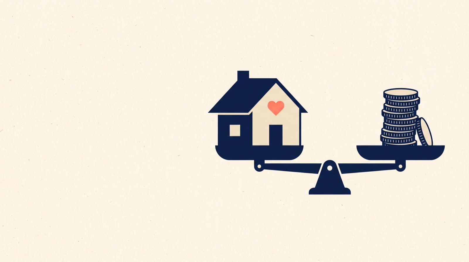 Flat illustration of a navy house with a small coral heart balanced on one pan of a scale against a stack of coins on the other.