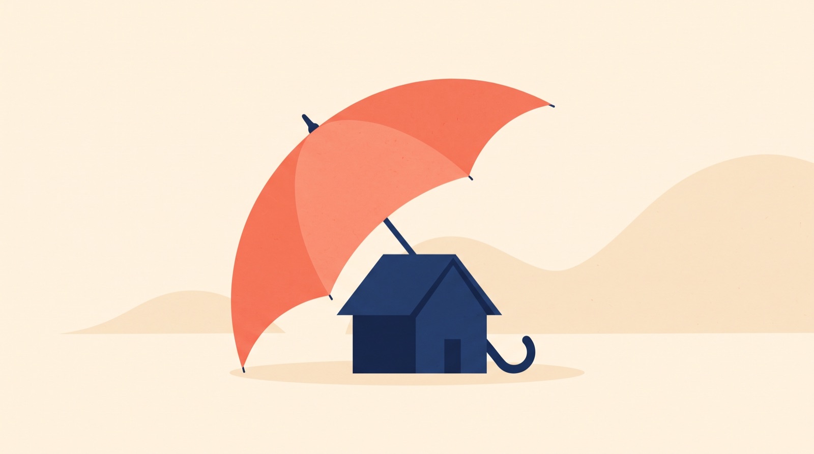 Flat illustration of a large coral umbrella opened over a small deep navy house