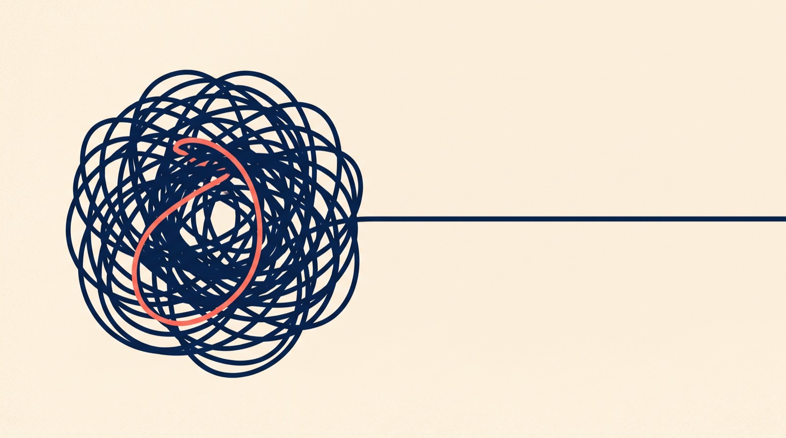 Flat illustration of a tangled ball of navy string with one strand pulled straight across a cream background, one coral thread within it.