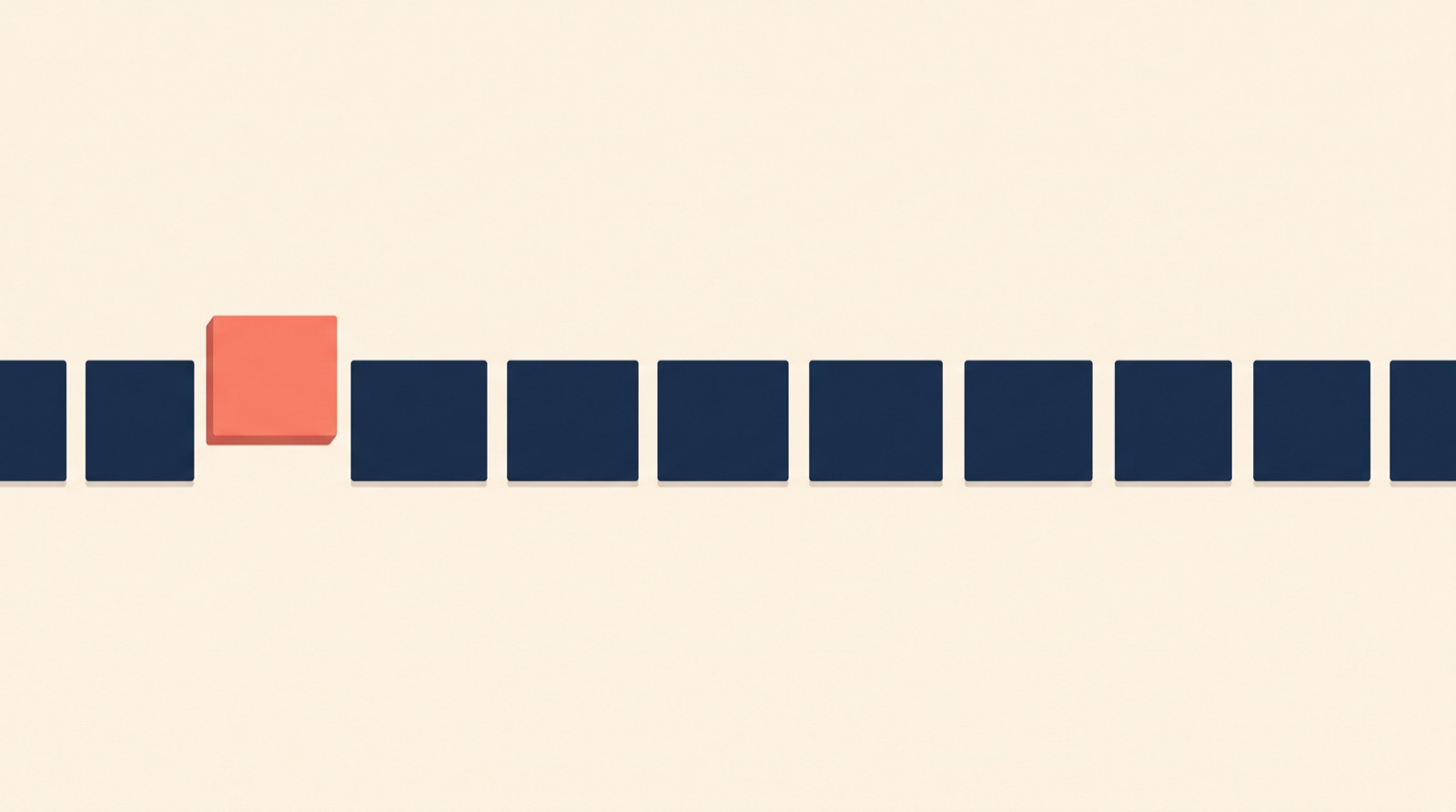 Flat illustration of a long row of deep navy calendar squares with one coral square raised slightly out of the line