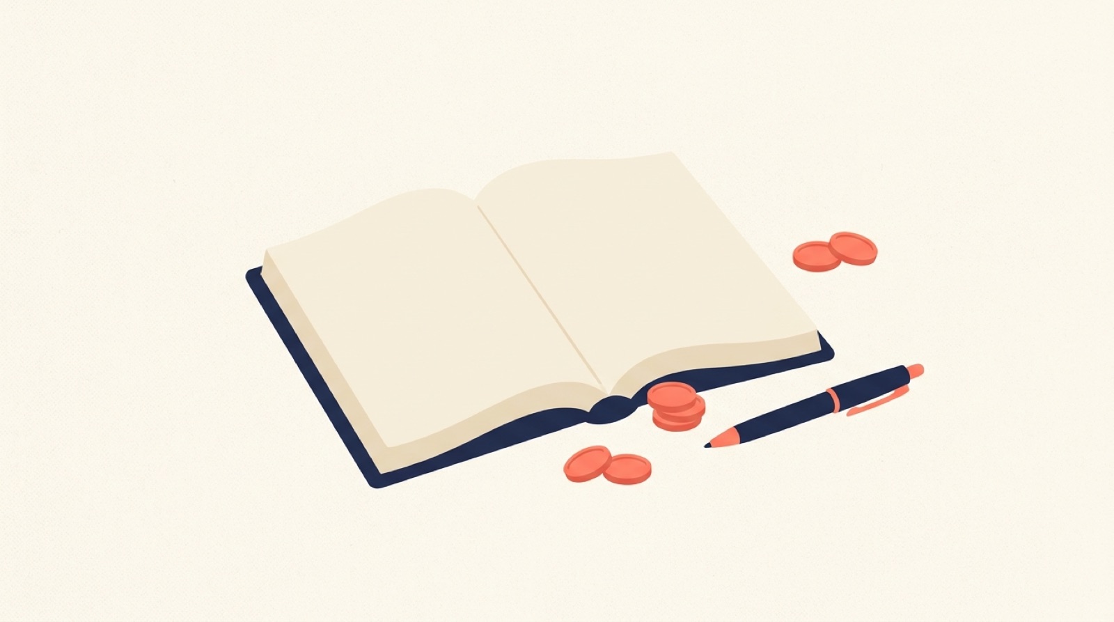 Flat illustration of an open navy ledger book with coral coins and a pen resting on it against a cream background