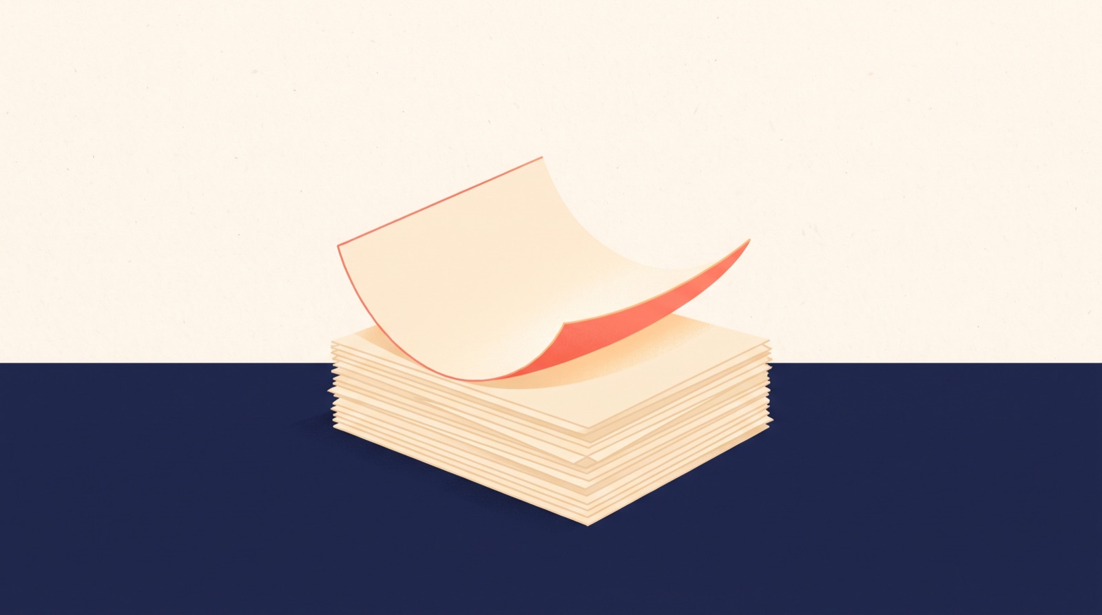 Flat illustration of a stack of paper sheets on a desk, with one sheet lifted slightly clear of the pile.