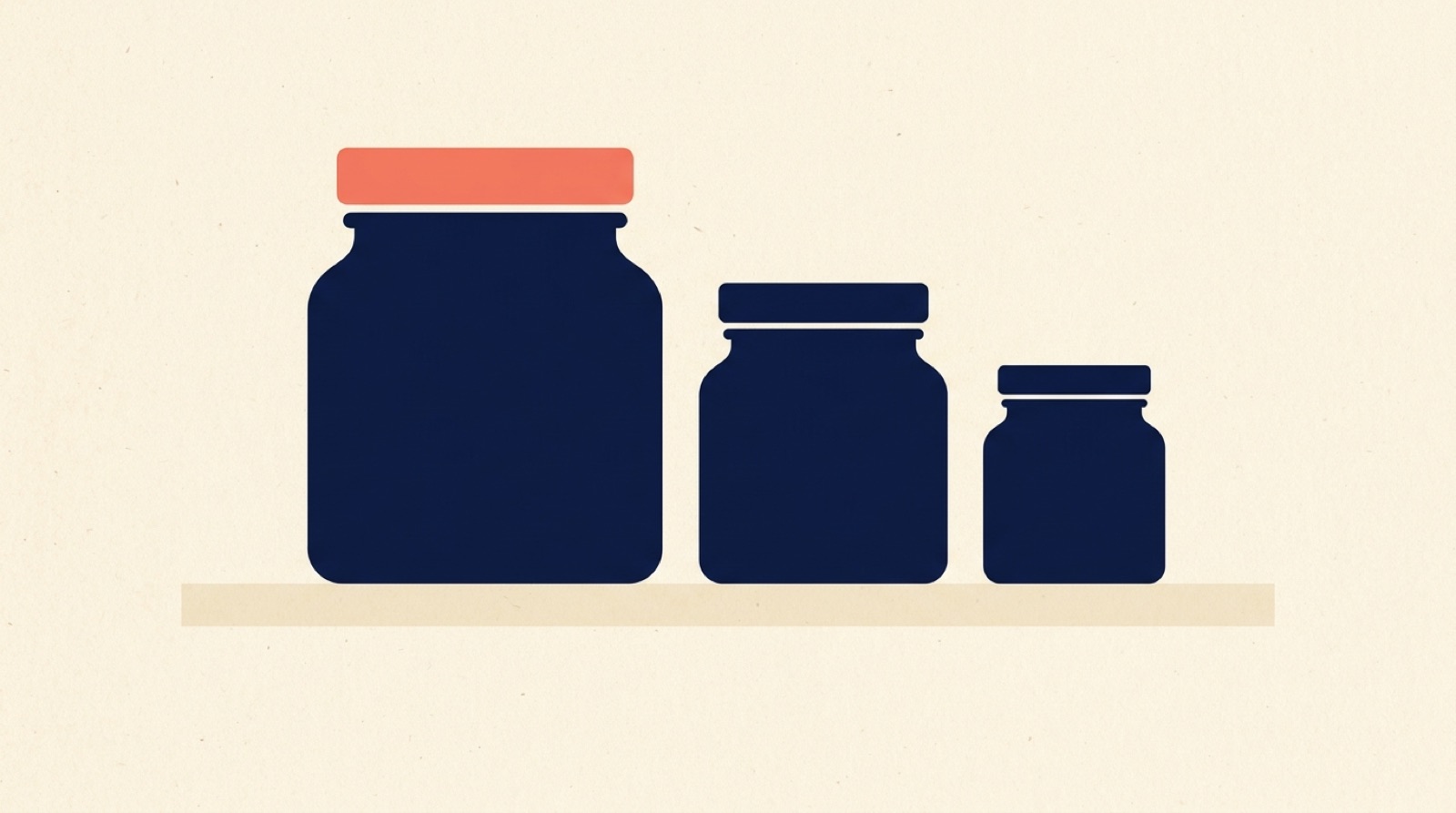 Flat illustration of three navy jars of different sizes on a cream shelf, with a coral lid sitting on the largest one