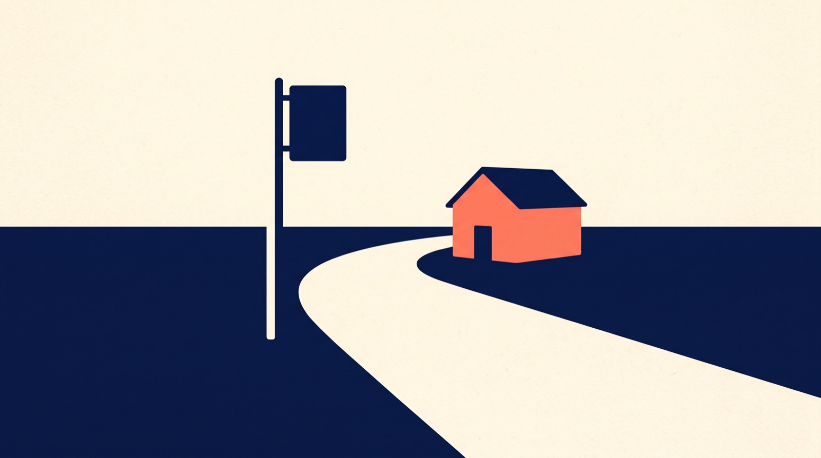 Flat illustration of a navy bus stop pole with a completely blank sign board, beside a cream road curving past one small coral house.