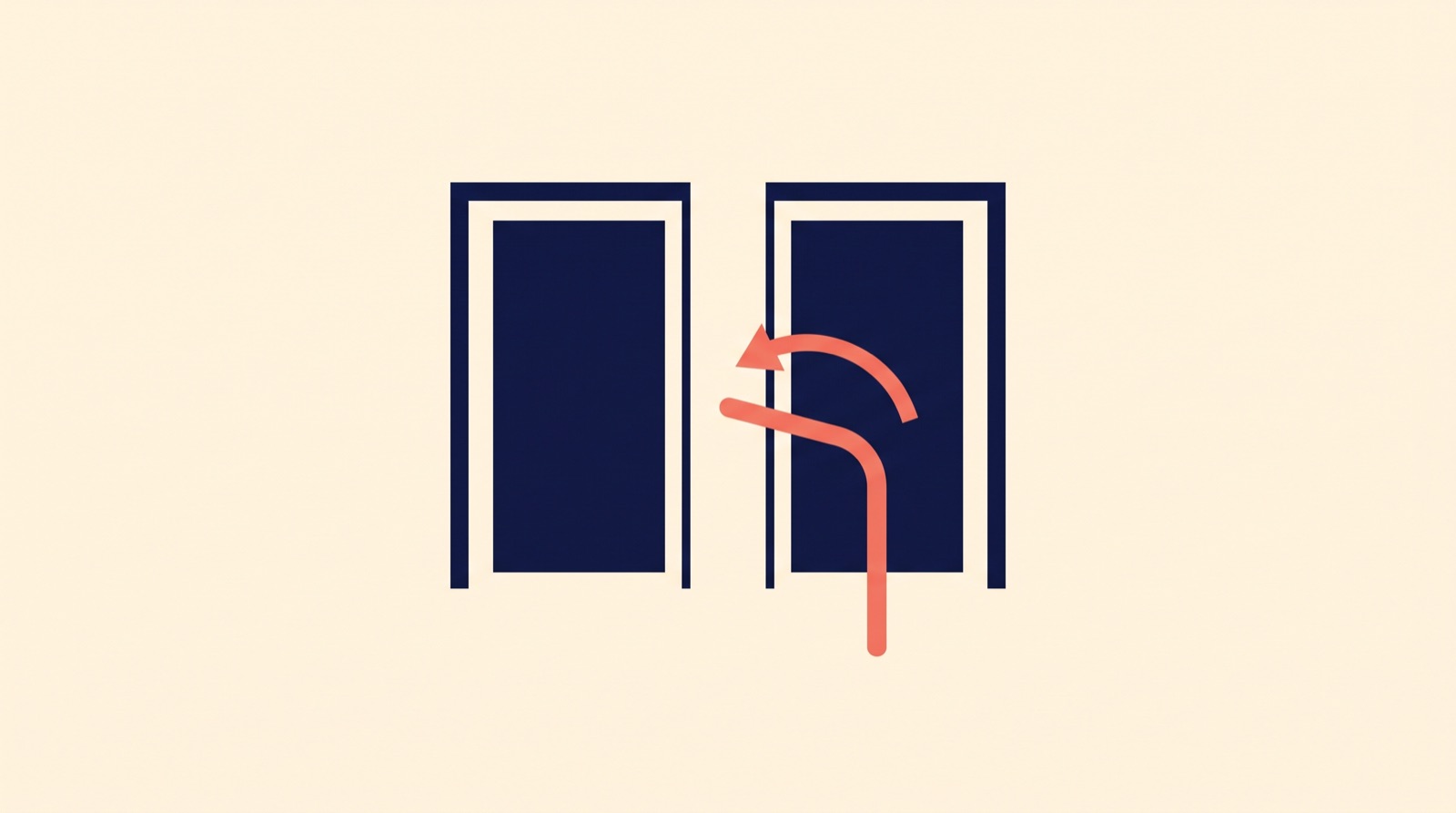 Flat illustration of two deep navy doorways side by side, with a curved coral arrow turning one way in front of the right-hand door