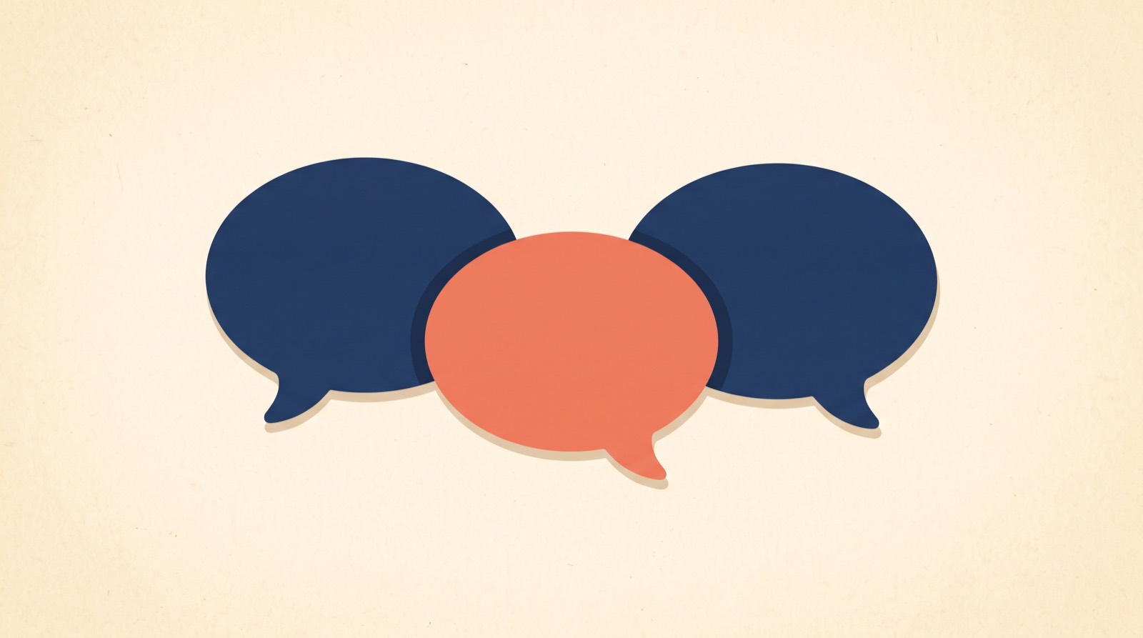 Flat illustration of two navy speech bubbles overlapping a single coral speech bubble, all of them empty.