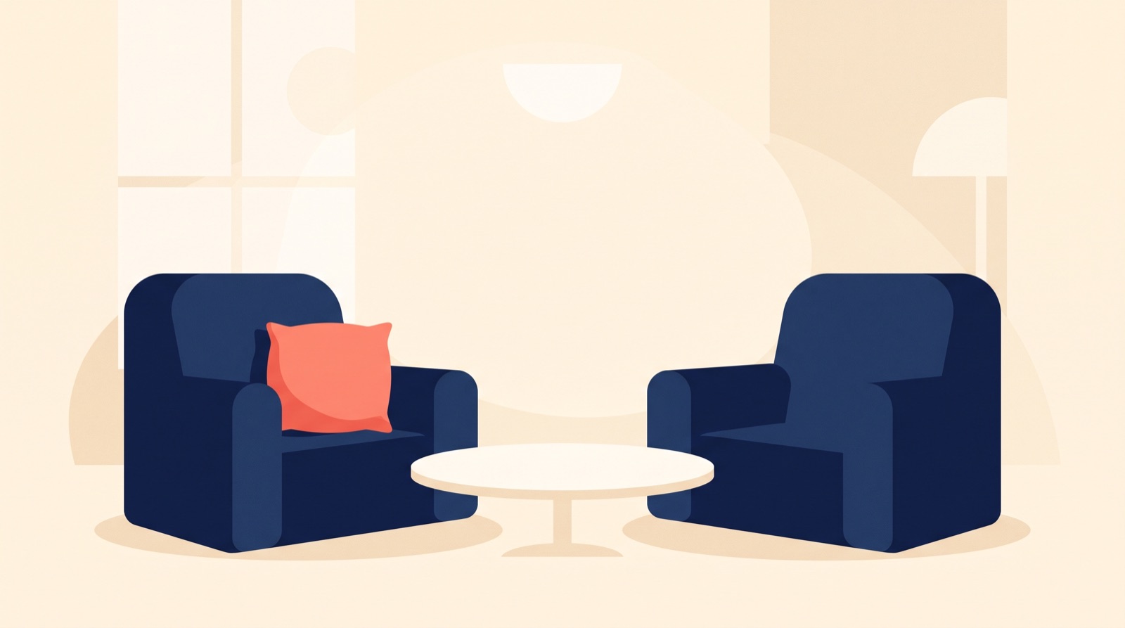 Flat illustration of two facing chairs either side of a small round table with a coral cushion on one seat