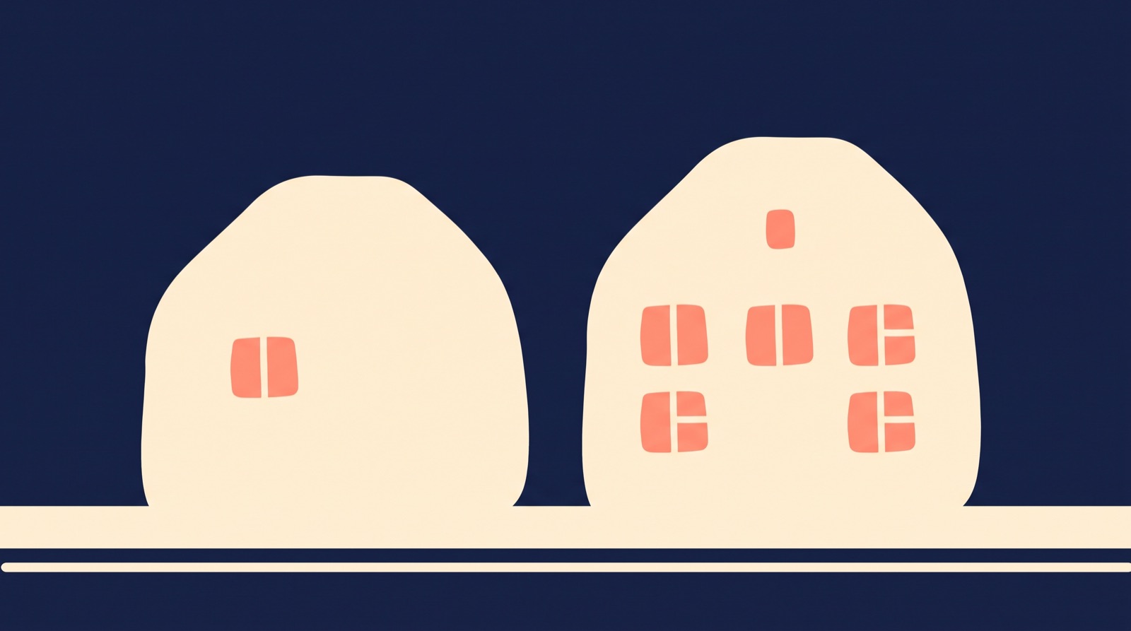 Flat illustration of two small houses side by side at night, one with a single lit window and one with several.