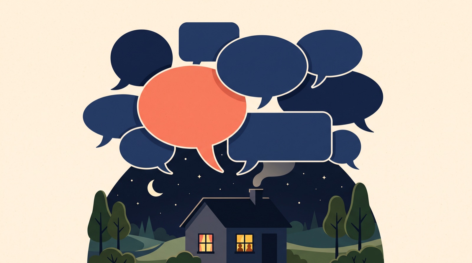 Flat illustration of overlapping empty speech bubbles of different sizes above a simple house roofline at night.