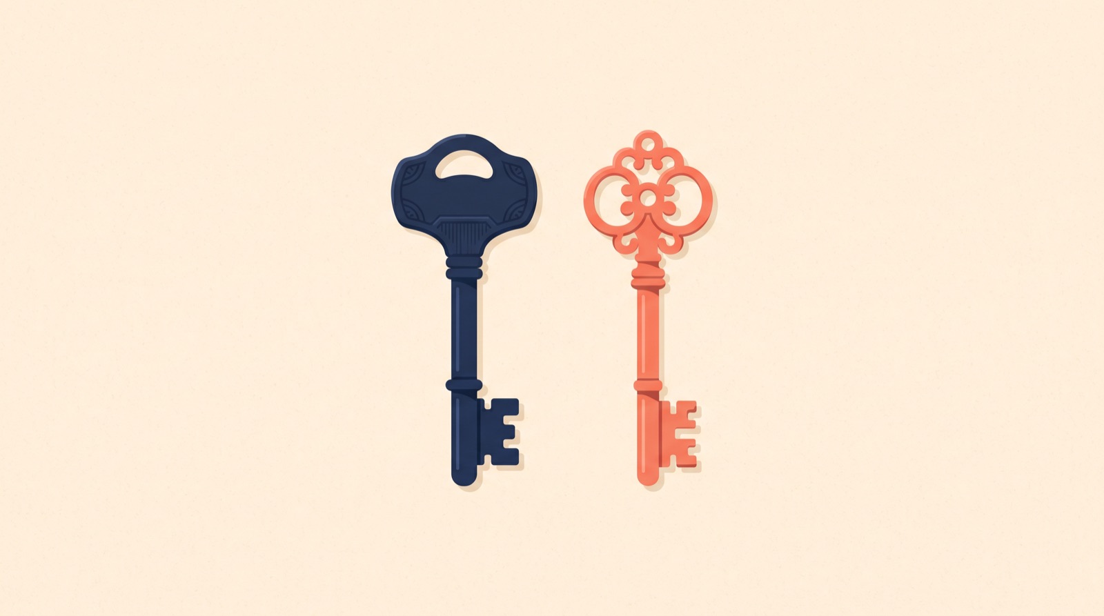 Flat illustration of two separate keys of different shapes resting side by side on a plain surface.
