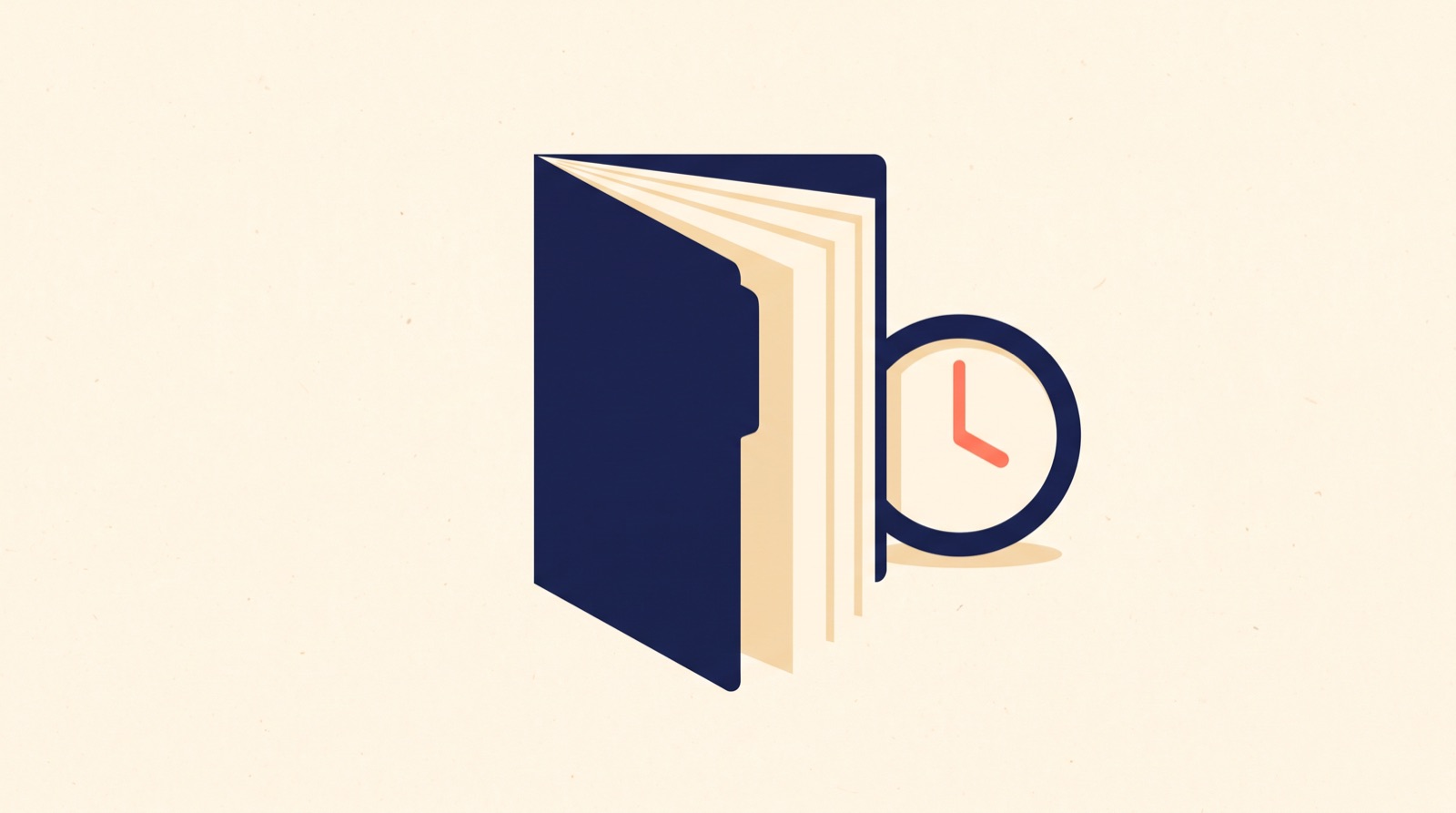Flat illustration of a single folder standing upright with a few clearly separated pages fanned out of it beside a clock.