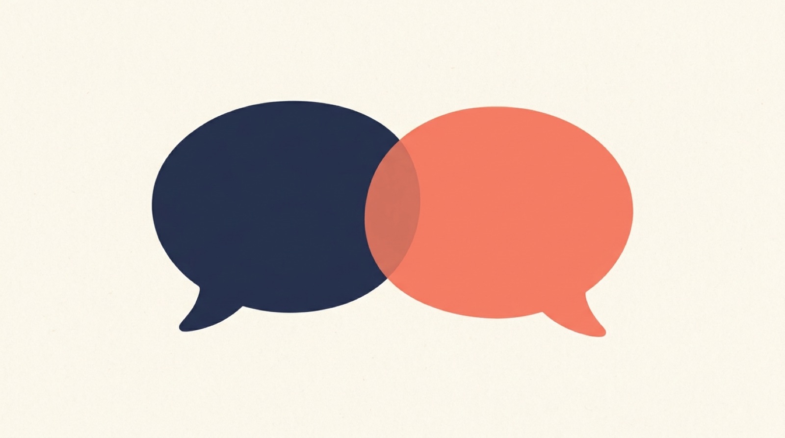Flat illustration of two large interlocking speech bubbles, one navy and one coral, on a cream background