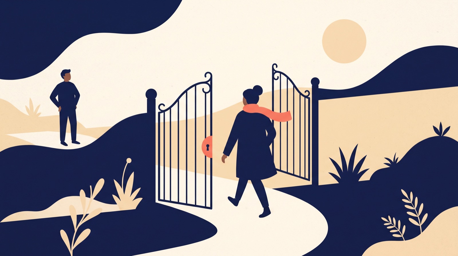 Flat illustration of an ornate garden gate standing open, one figure walking through it while a second stands back on the far side.
