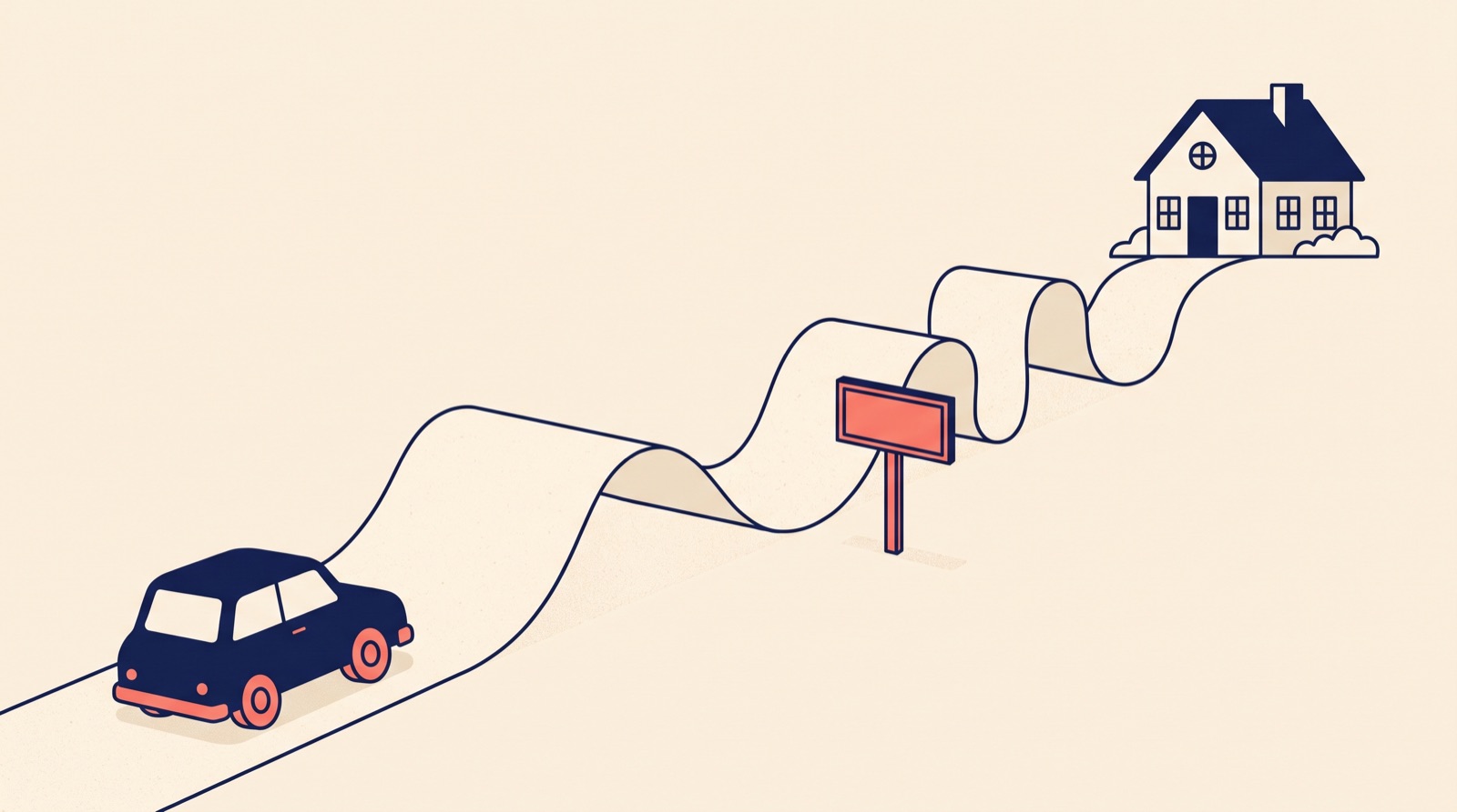 Flat illustration of a small car on a curved road that becomes a ribbon of paper, with a blank coral signpost beside it.