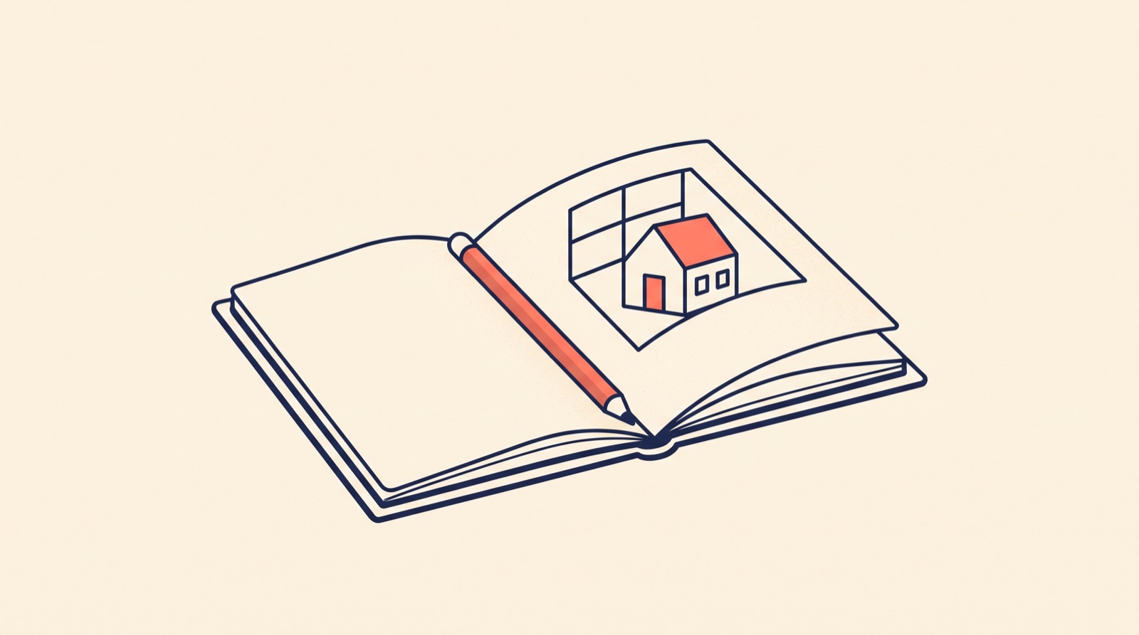 Flat illustration of an open notebook whose pages form a small window, with a coral pencil resting across it on a cream background.