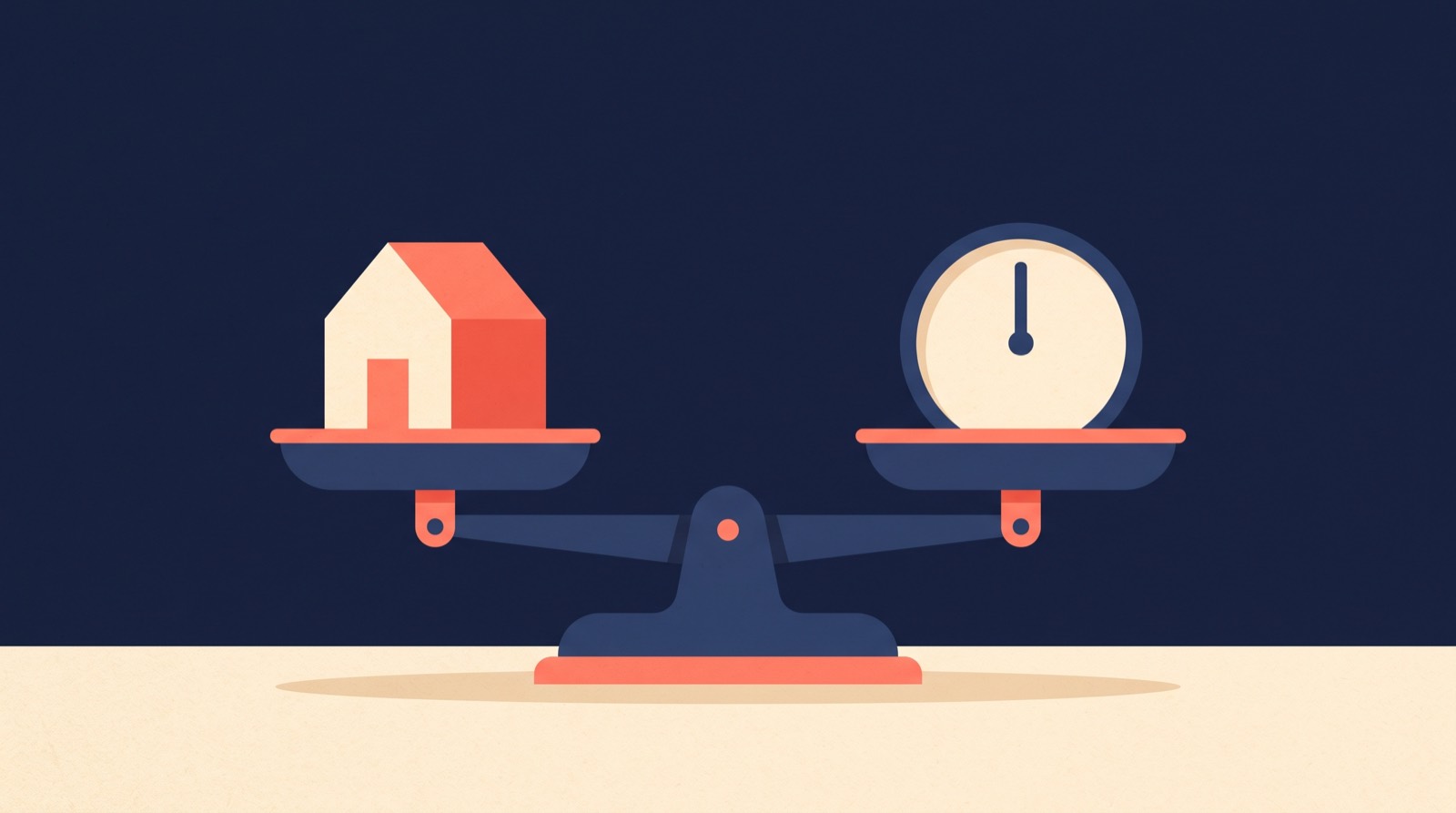 Flat illustration of a set of balance scales with a small house on one side and a clock on the other, sitting level.