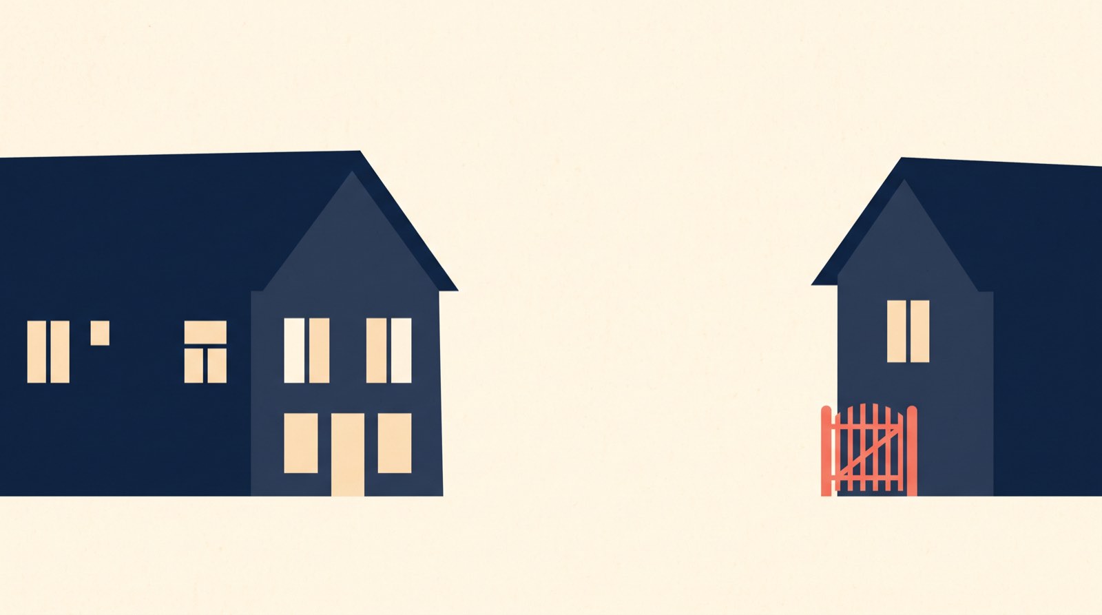 Flat illustration of two simple house shapes side by side, one with several windows lit and one with a single lit window and a garden gate.