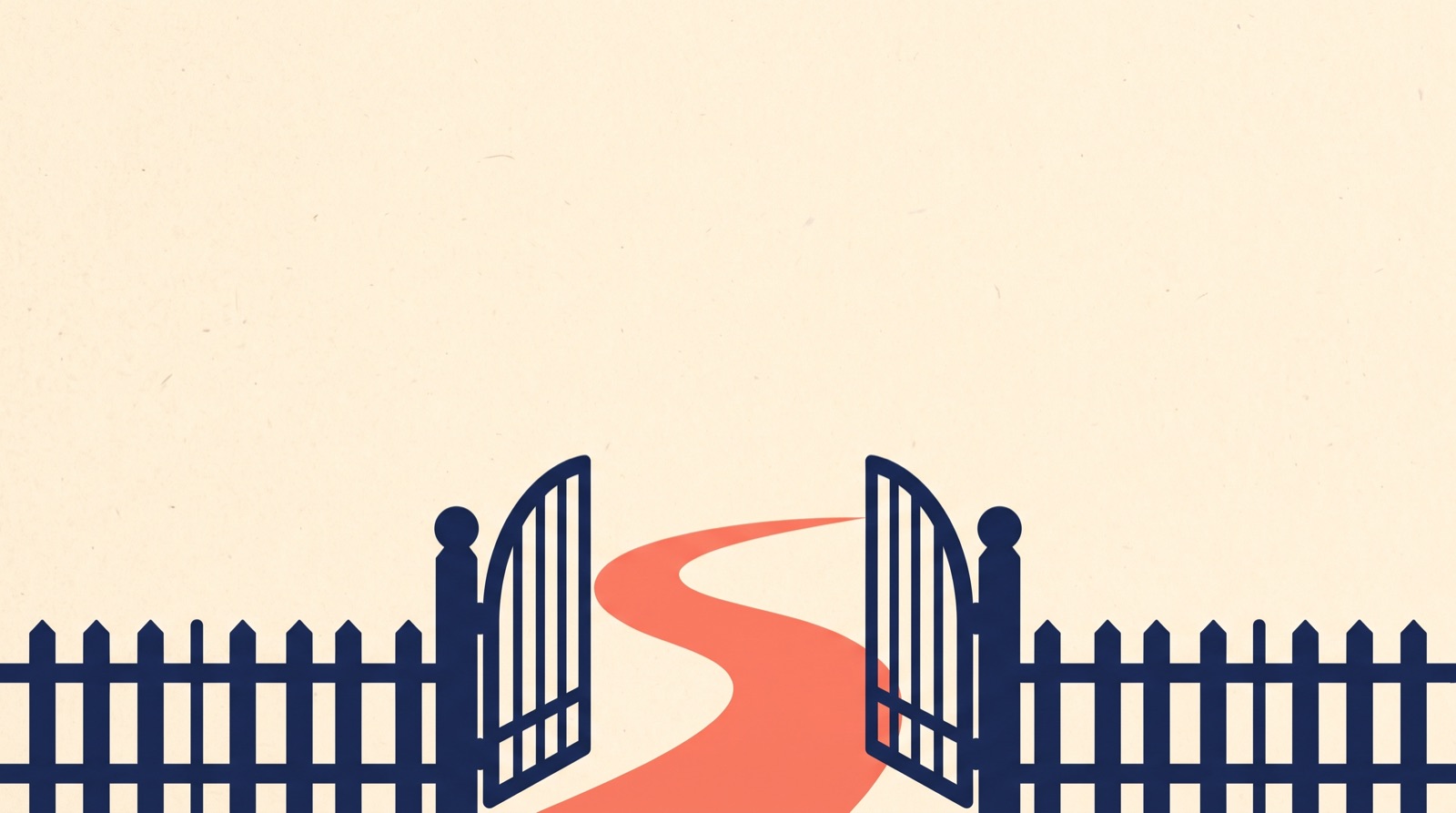 Flat illustration of an open navy gate in a picket fence, with a curving coral path leading through it.
